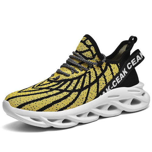 Men's yellow flyknit stripe texture letter strap sport shoe sneaker 01