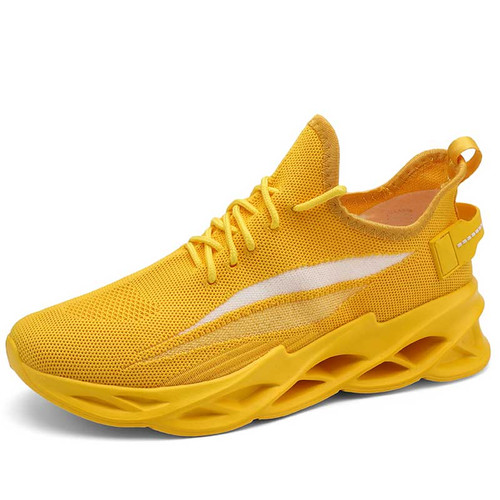 Men's yellow flyknit stripe texture pattern sport shoe sneaker 01