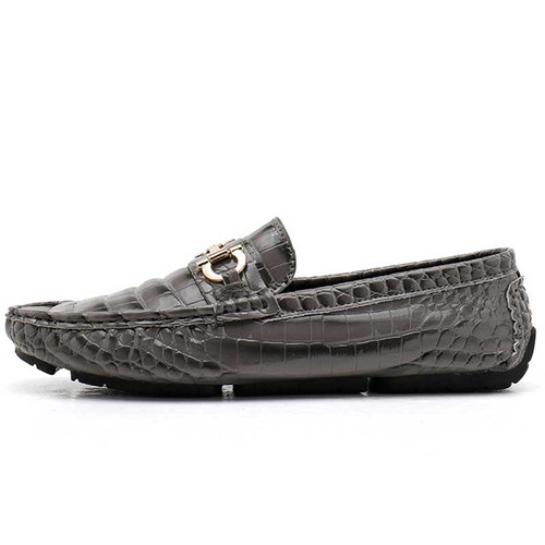 Men's grey croc skin pattern metal buckle slip on shoe loafer 01