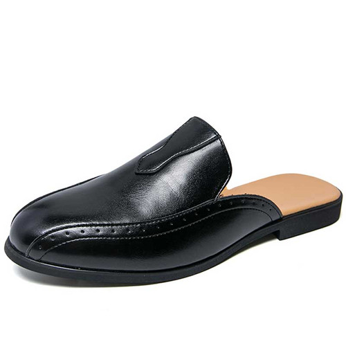 Men's black brogue splicing accents slip on shoe mule 01