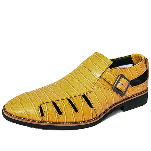 Men's yellow croc pattern buckle strap cut out slip on shoe mule 01