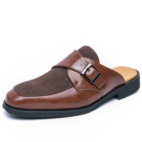 Men's brown nubuck monk strap buckle slip on shoe mule 01