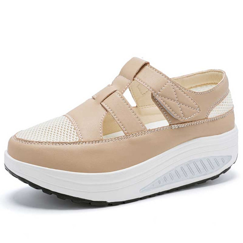 Women's brown hollow & cut out velcro slip on rocker bottom shoe 01