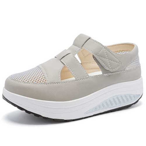 Women's grey hollow & cut out velcro slip on rocker bottom shoe 01