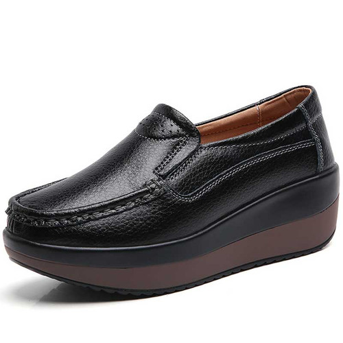 Women's black sewn thread accents slip on rocker bottom shoe 01