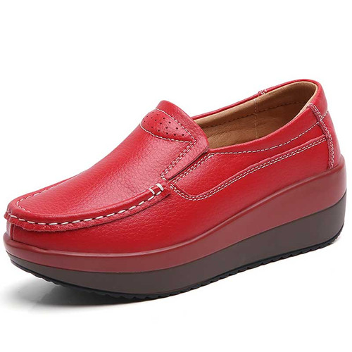 Women's red sewn thread accents slip on rocker bottom shoe 01