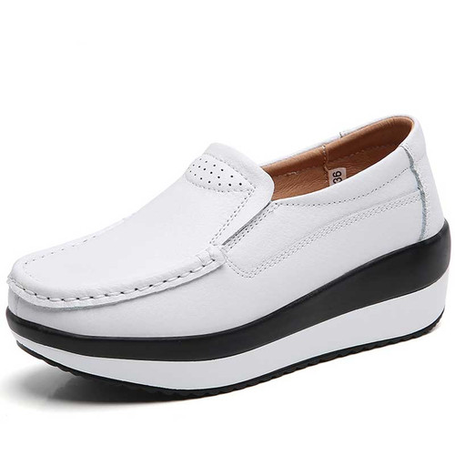 Women's white sewn thread accents slip on rocker bottom shoe 01