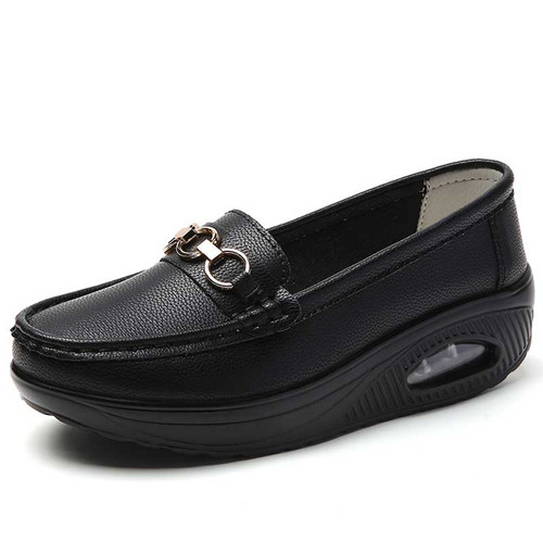 Women's black metal buckle slip on rocker bottom shoe 01