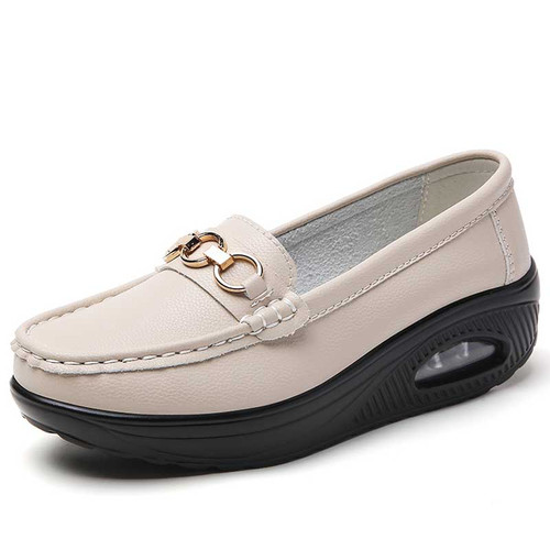 Women's beige metal buckle slip on rocker bottom shoe 01