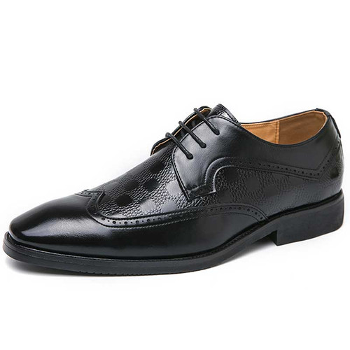 Men's black check pattern wingtip brogue derby dress shoe 01