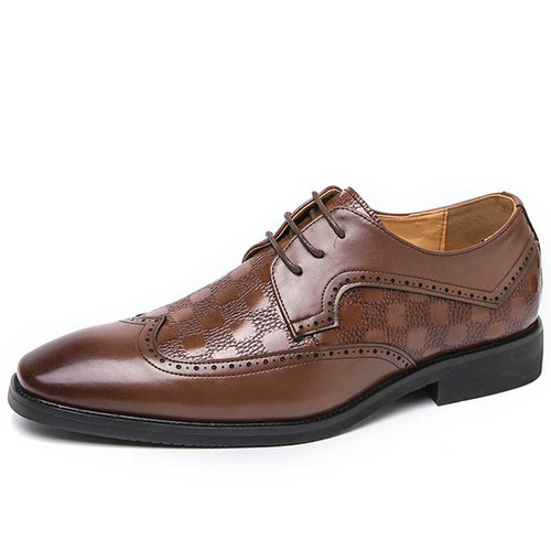 Men's brown check pattern wingtip brogue derby dress shoe 01