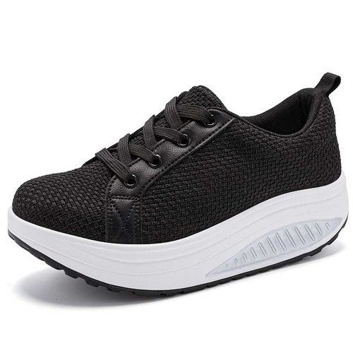 Women's black weave accents lace up rocker bottom shoe sneaker 01
