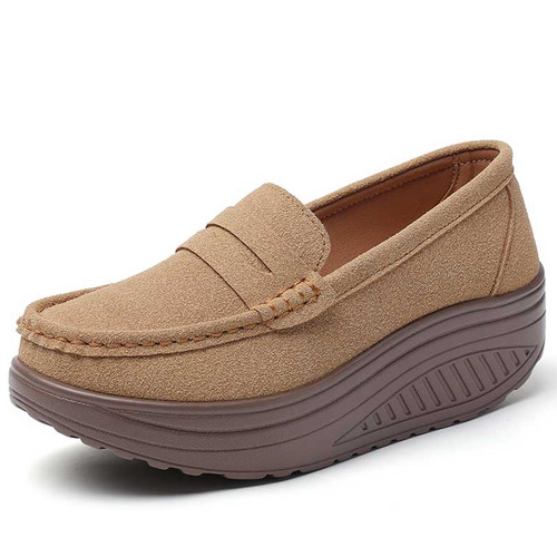 Women's brown suede leather penny strap slip on rocker bottom shoe 01