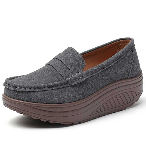 Women's grey suede leather penny strap slip on rocker bottom shoe 01