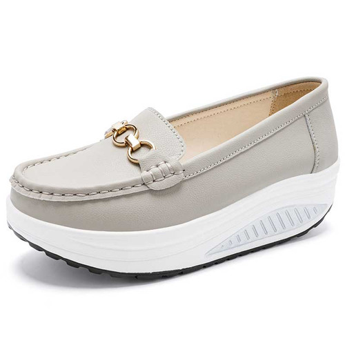 Women's grey causal top metal buckle slip on rocker bottom shoe 01