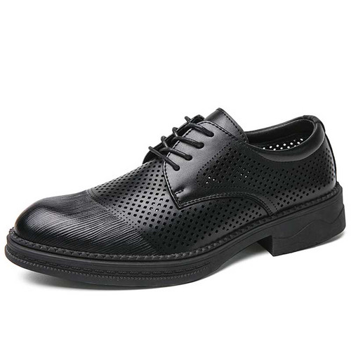 Men's black retro stripe accents hollow out derby dress shoe 01
