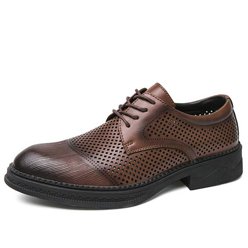 Men's brown retro stripe accents hollow out derby dress shoe 01