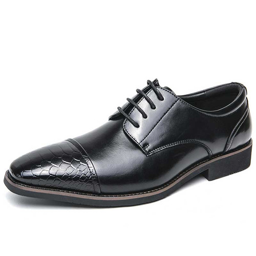 Men's black snake skin pattern cap square toe derby dress shoe 01