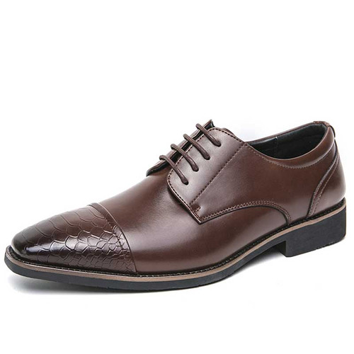Men's brown snake skin pattern cap square toe derby dress shoe 01