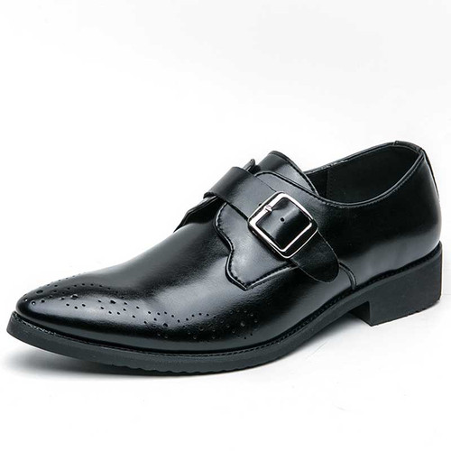 Men's black brogue monk strap slip on dress shoe point toe 01