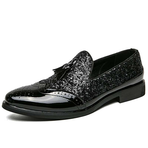 Men's black wingtip brogue sequins tassel slip on dress shoe point toe 01