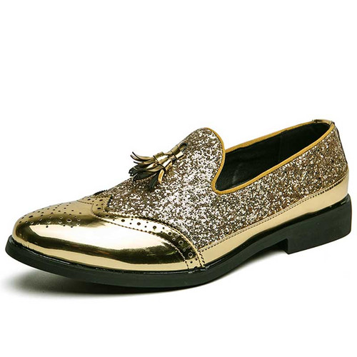 Men's golden wingtip brogue sequins tassel slip on dress shoe point toe 01