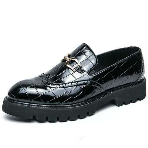 Men's black wingtip brogue croc pattern metal buckle slip on dress shoe 01