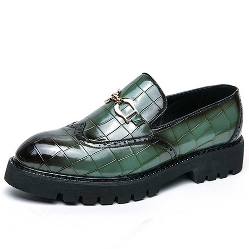 Men's green wingtip brogue croc pattern metal buckle slip on dress shoe 01