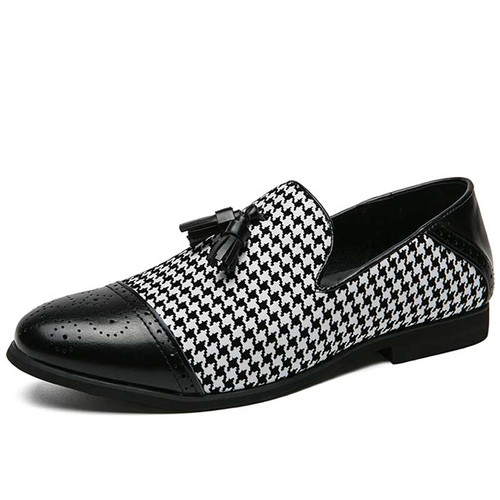 Men's black cap toe brogue sequins top tassel slip on dress shoe 01