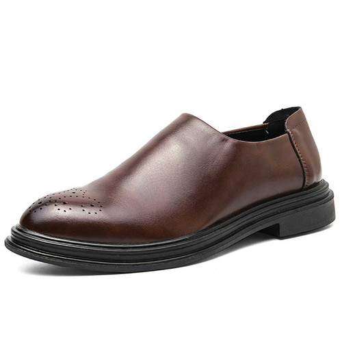 Men's brown retro brogue side zip slip on dress shoe 01