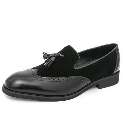 Men's black wingtip brogue tassel splicing accents slip on dress shoe 01