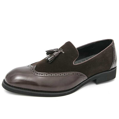 Men's brown wingtip brogue tassel splicing accents slip on dress shoe 01