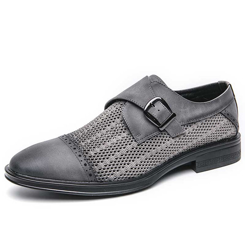 Men's grey brogue hollow out cap toe monk strap slip on dress shoe 01