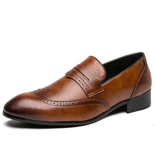 Men's brown retro wingtip brogue penny strap slip on dress shoe 01