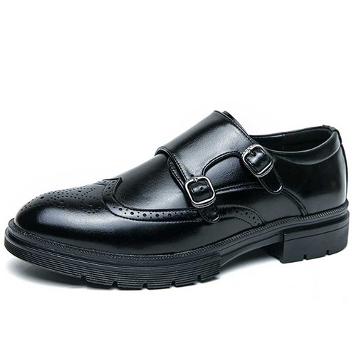 Men's black retro wingtip brogue monk strap slip on dress shoe 01