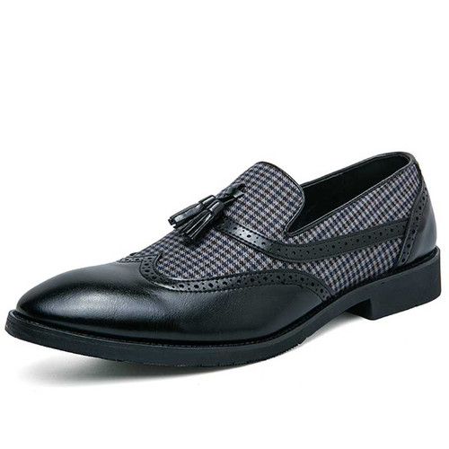Men's black retro wingtip brogue check to tassel slip on dress shoe 01