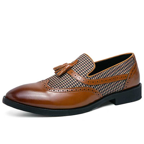 Men's brown retro wingtip brogue check to tassel slip on dress shoe 01