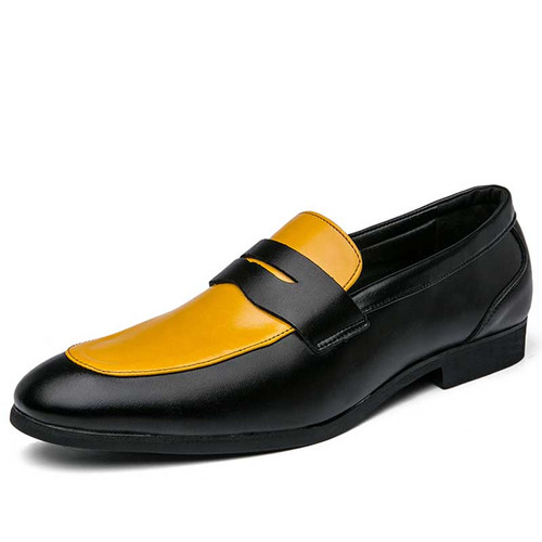 Men's black yellow two tone penny strap slip on dress shoe 01
