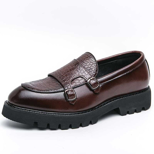 Men's brown retro croc pattern thick sole monk strap slip on dress shoe 01