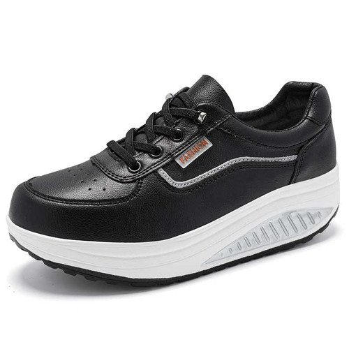 Women's black stripe accents lace free rocker bottom shoe sneaker 01