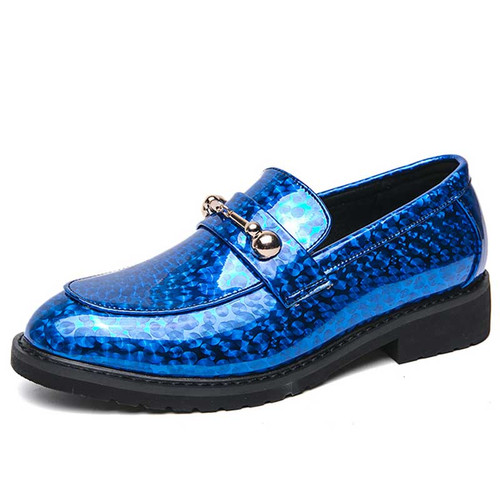 Men's blue pattern accents metal buckle on top slip on dress shoe 01