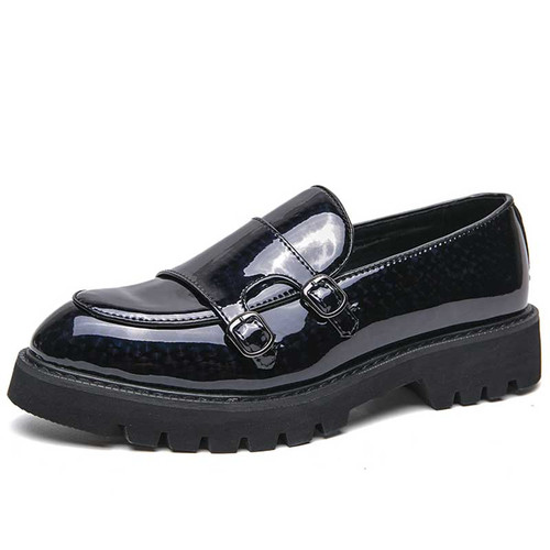 Men's black pattern monk strap thick sole slip on dress shoe 01