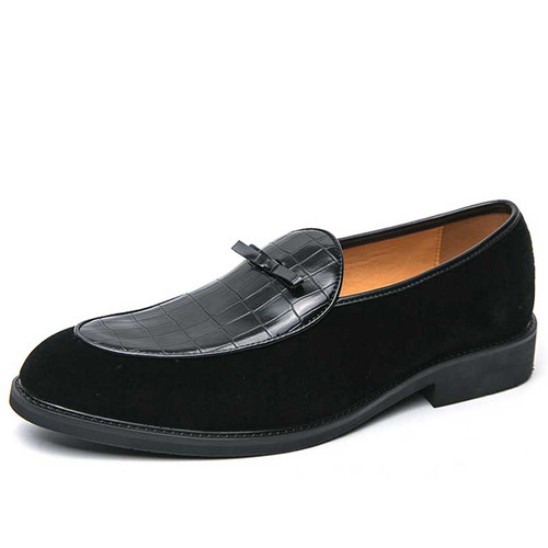 Men's black croc skin pattern bow tie on top slip on dress shoe 01