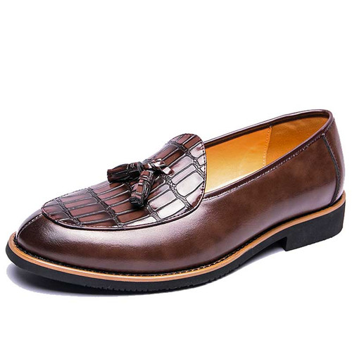 Men's brown croc skin pattern tassel on top slip on dress shoe 01