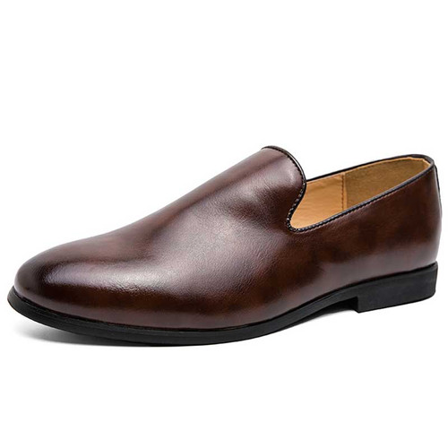 Men's brown plain retro accents slip on dress shoe 01