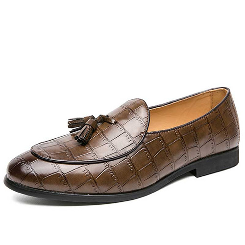 Men's brown retro tassel croc skin pattern slip on dress shoe 01