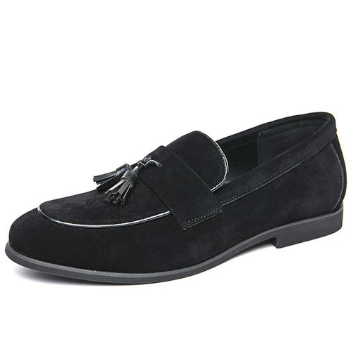 Men's black nubuck tassel on penny slip on dress shoe 01