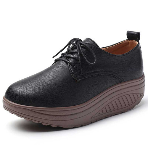 Women's black casual plain lace up rocker bottom shoe sneaker 01