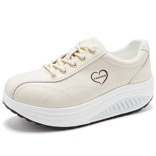 Women's beige fashion heart lace accents rocker bottom shoe sneaker 01
