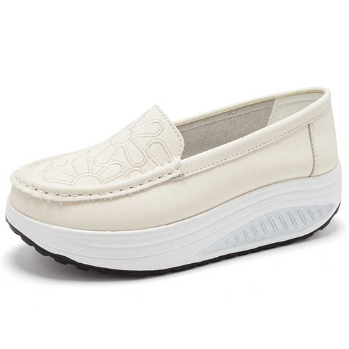 Women's beige floral accents pattern slip on rocker bottom shoe 01